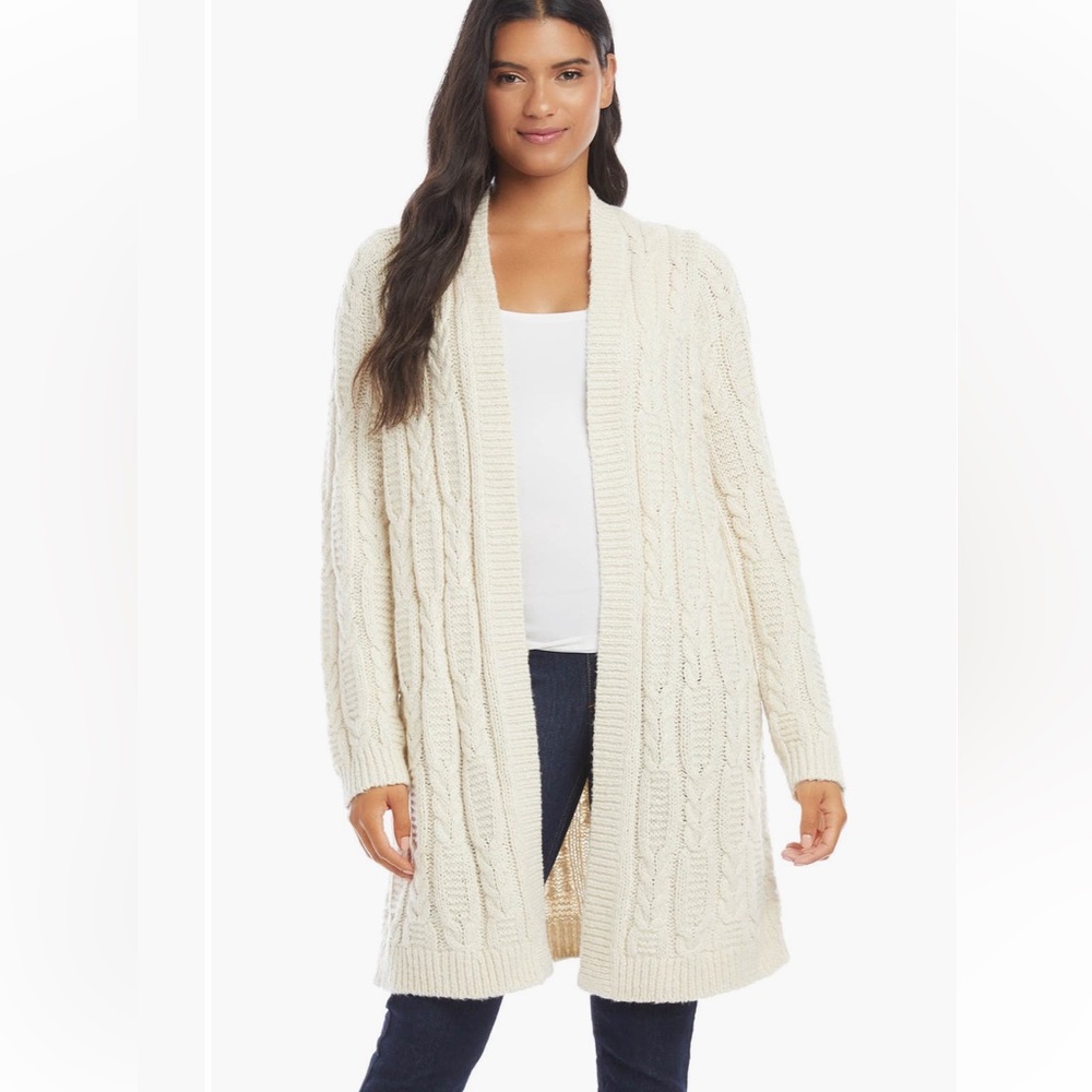 Karen Kane Cable Knit Open Front Long Cardigan in Cream Size XS